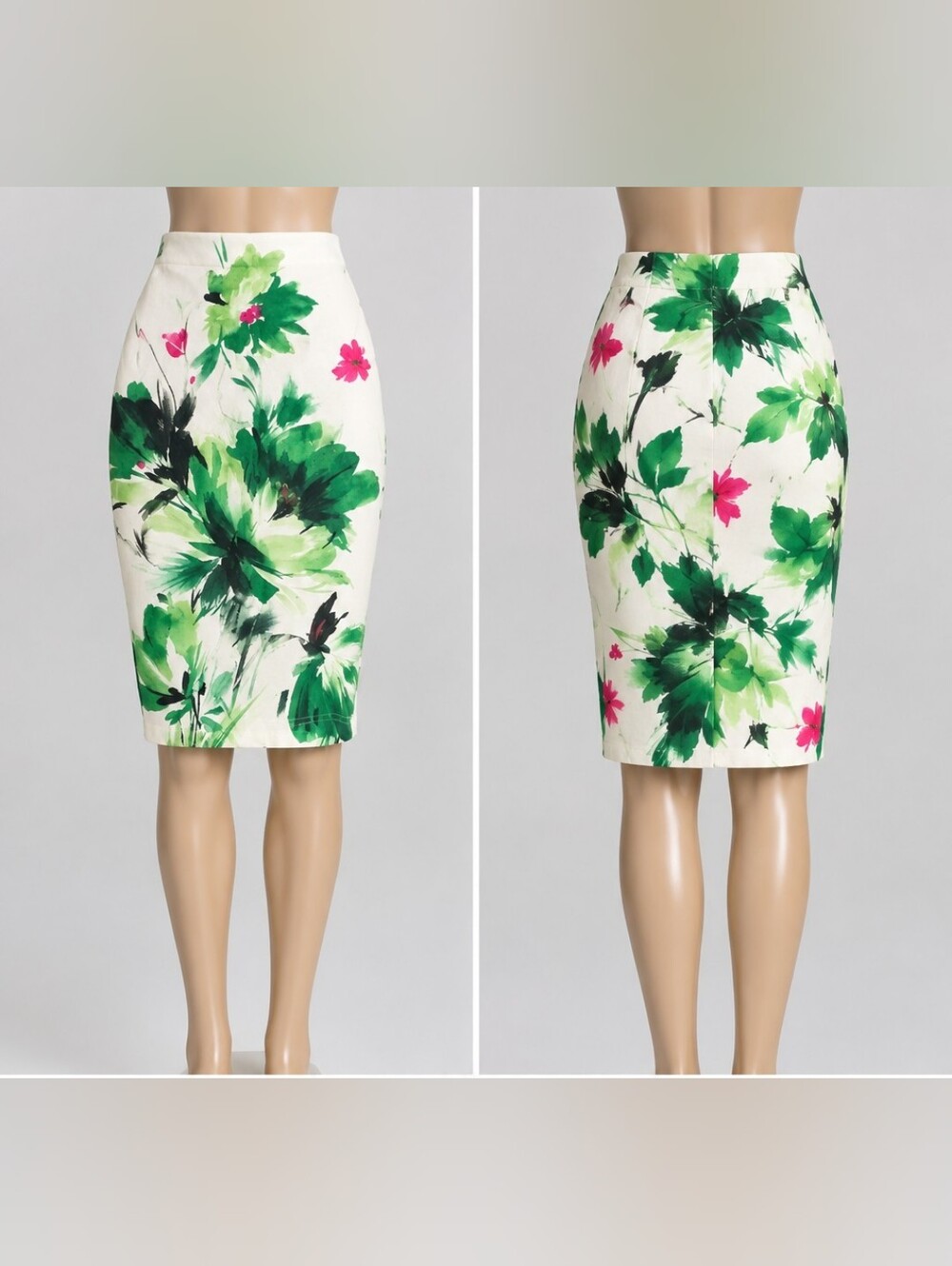 Elegant White Floral Pencil Skirt with Green Watercolor Print